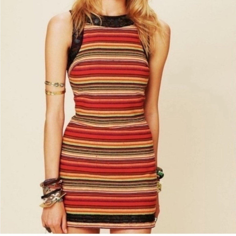 Free People NEW ROMANTICS Beaded Boho Tapestry Striped Mini Sheath Dress